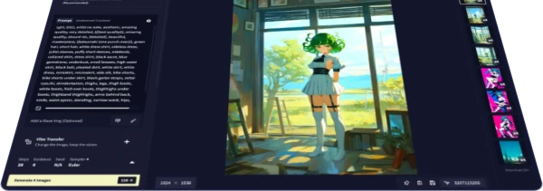 NovelAI圖片生成編輯器UI，展示創作為中心的設計