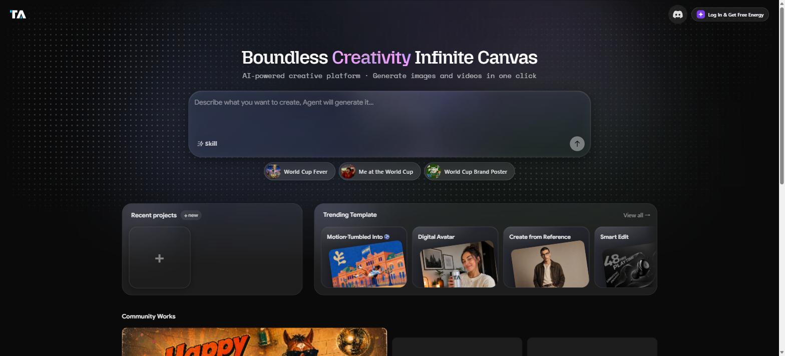 Tensor.Art Forge 無限畫布頁面：'Boundless Creativity Infinite Canvas'，AI Agent 文字生成介面與趨勢模板